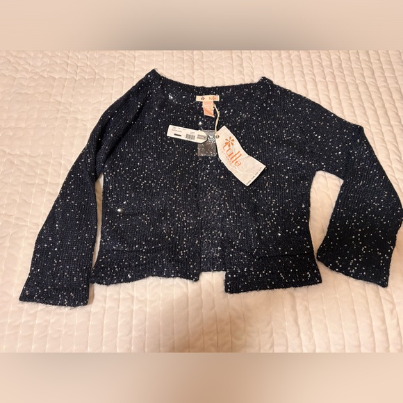 Tulle Navy Sequin Wide Collar OpenCropped Cardigan - Picture 1 of 7
